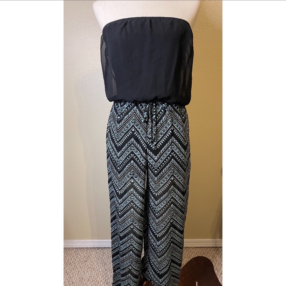 Strapless Turquoise & Black Chevron Print Dressy Jumpsuit Size Small